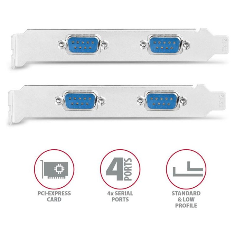 Axagon PCI-Express card with four serial ports 250 kbps. ASIX AX99100. Standard & Low profile.