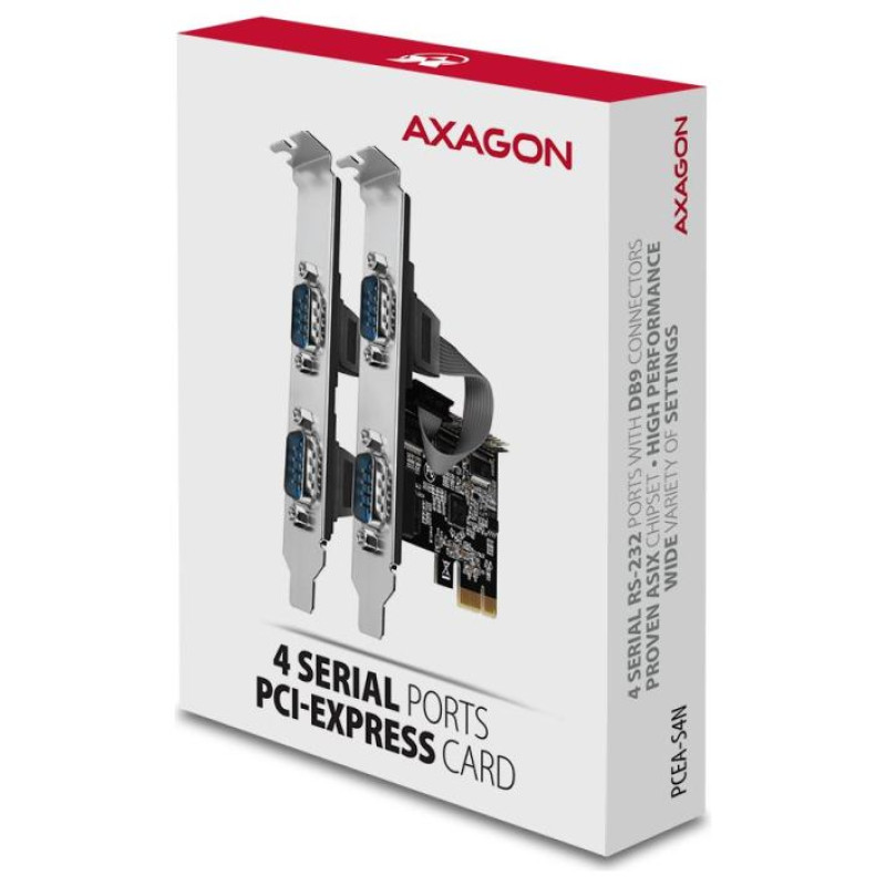 Axagon PCI-Express card with four serial ports 250 kbps. ASIX AX99100. Standard & Low profile.