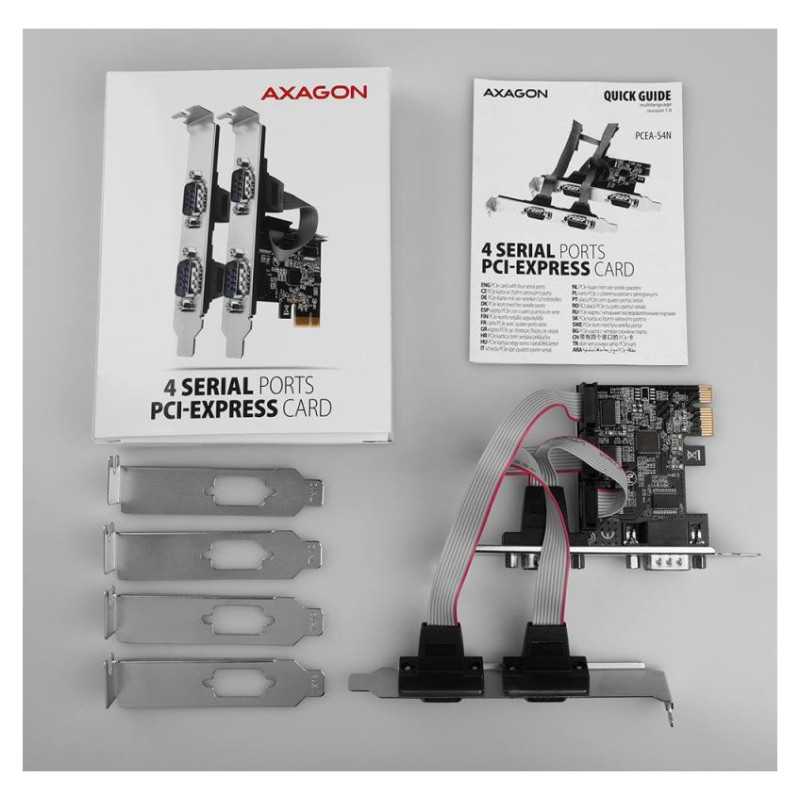 Axagon PCI-Express card with four serial ports 250 kbps. ASIX AX99100. Standard & Low profile.