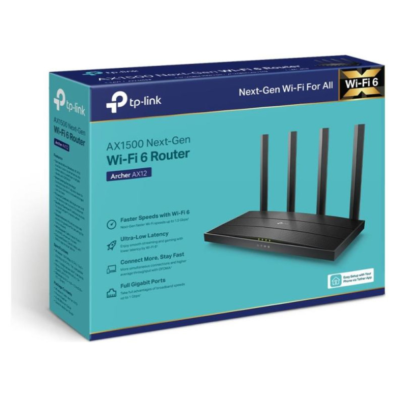 Tp-Link Wireless Router|TP-LINK|Wireless Router|1500 Mbps|Wi-Fi 6|1 WAN|3x10/100/1000M|Number of antennas 4|ARCHERAX12