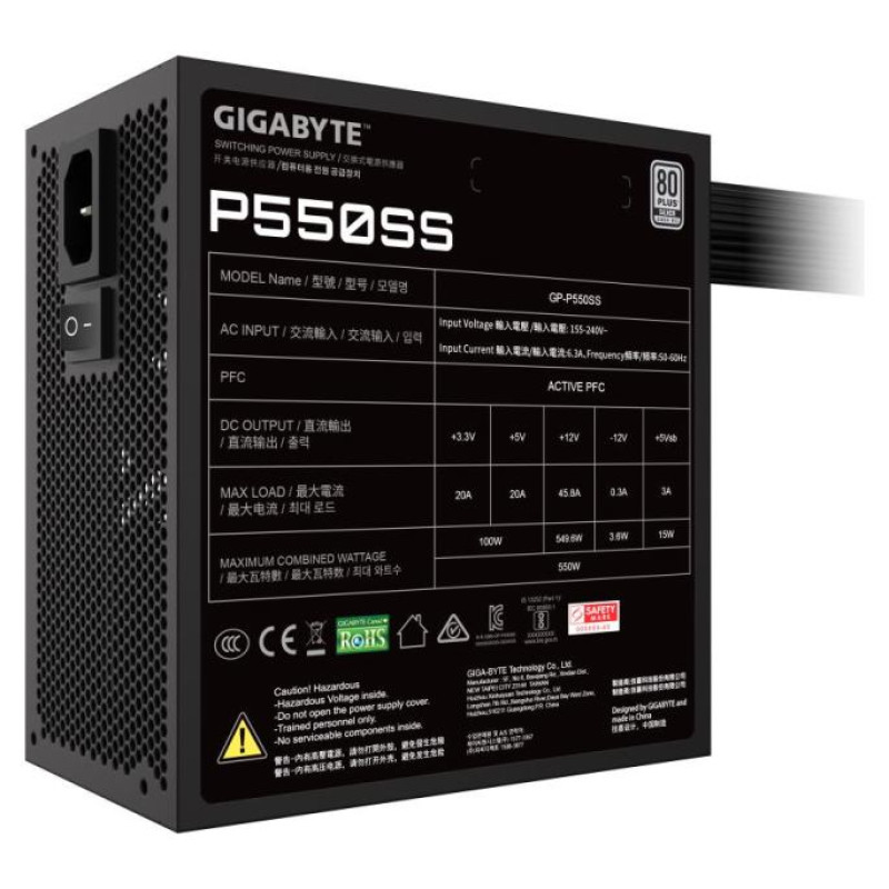 Gigabyte Power Supply|GIGABYTE|550 Watts|Efficiency 80 PLUS SILVER|PFC Active|MTBF 100000 hours|GP-P550SS