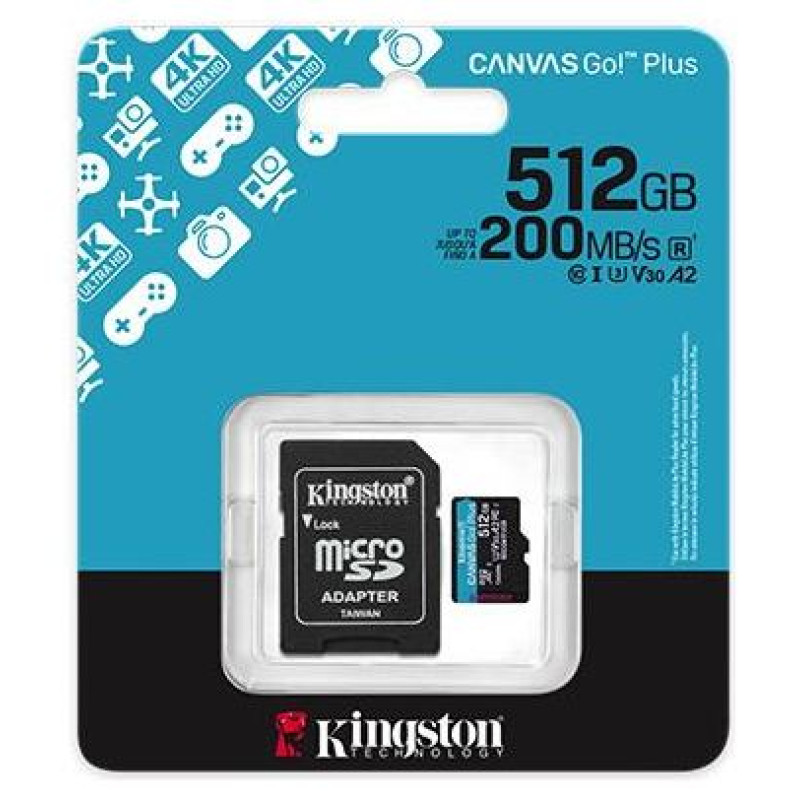Kingston 512GB microSDXC Canvas Go Plus Gen4 200MB/s A2 U3 V30 Card + Adapter