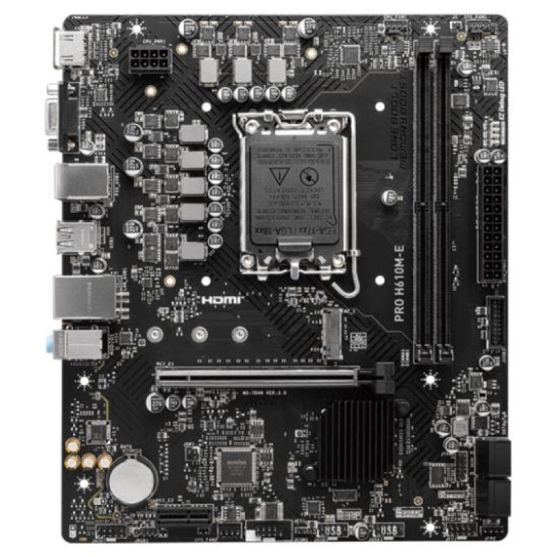 MSI Mainboard|MSI|Intel H610|LGA1700|Micro-ATX|Memory DDR5|Memory slots 2|1xPCI-Express 1x|1xPCI-Express 16x|1xM.2|1x15pin D-sub|1xHDMI|4xUSB 2.0|2xUSB 3.2|1xPS/2|1xRJ45|3xAudio port|PROH610M-E