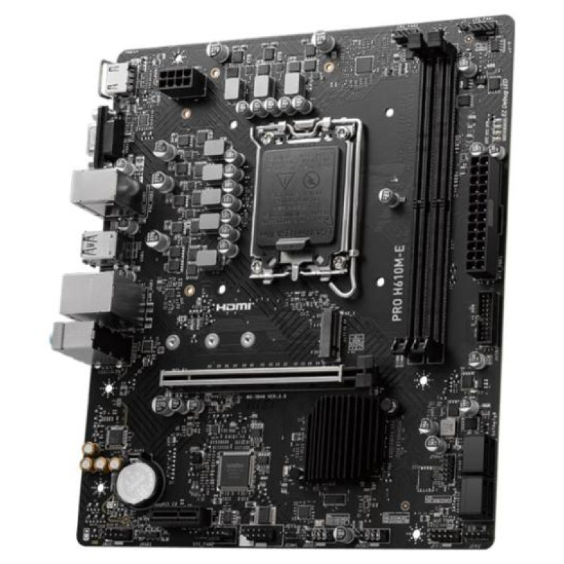 MSI Mainboard|MSI|Intel H610|LGA1700|Micro-ATX|Memory DDR5|Memory slots 2|1xPCI-Express 1x|1xPCI-Express 16x|1xM.2|1x15pin D-sub|1xHDMI|4xUSB 2.0|2xUSB 3.2|1xPS/2|1xRJ45|3xAudio port|PROH610M-E