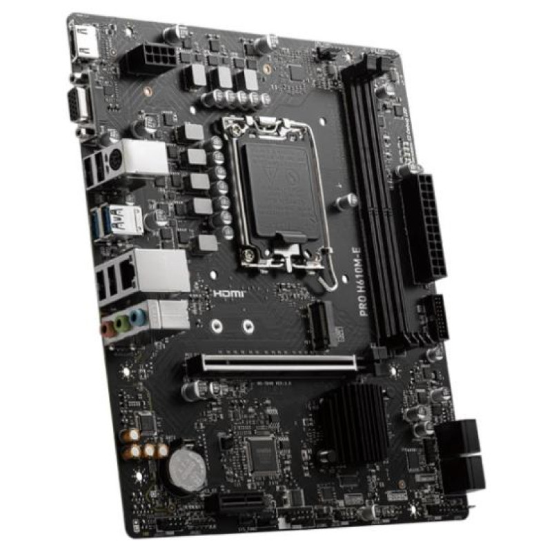 MSI Mainboard|MSI|Intel H610|LGA1700|Micro-ATX|Memory DDR5|Memory slots 2|1xPCI-Express 1x|1xPCI-Express 16x|1xM.2|1x15pin D-sub|1xHDMI|4xUSB 2.0|2xUSB 3.2|1xPS/2|1xRJ45|3xAudio port|PROH610M-E