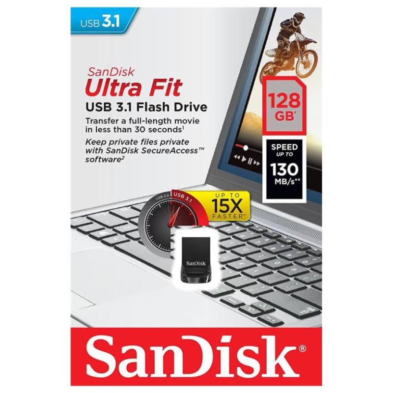 Sandisk Ultra Fit 128GB, USB 3.1 - Small Form Factor Plug & Stay Hi-Speed USB Drive