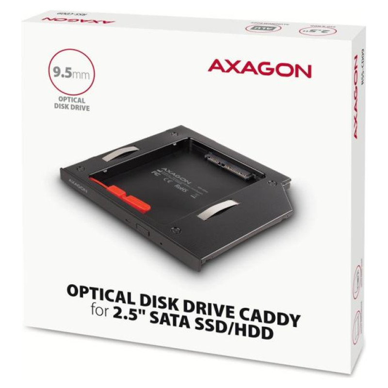 Axagon RSS-CD09 2.5" SSD/HDD caddy into DVD slot, 9.5 mm, LED, ALU