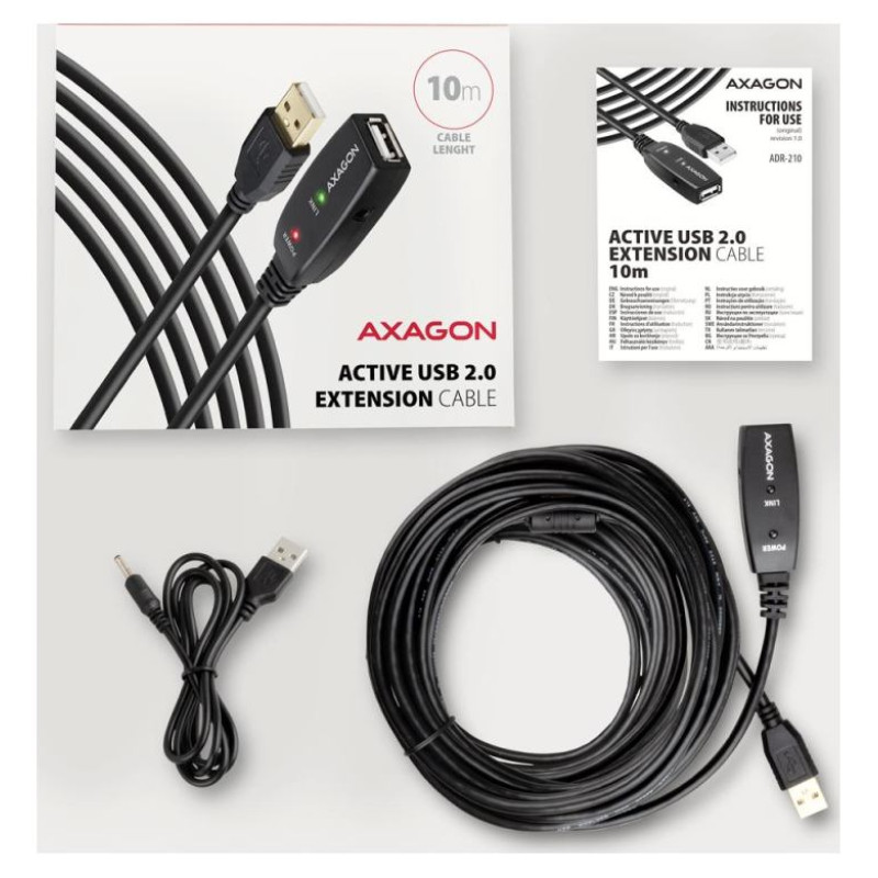 Axagon Active extension USB 2.0 A-M> A-F cable, 10 m long. Power supply option.