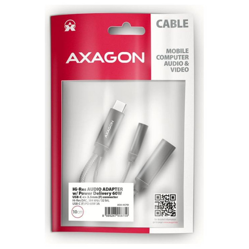 Axagon ADA-HCPD USB-C to 3.5mm jack - Hi-Res DAC audio adapter, 384kHz/32bit, PD 60W 3A