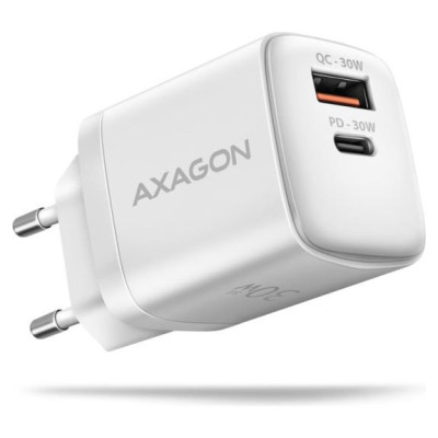 Axagon Sil wallcharger 2x port (USB-A + USB-C), PD3.0/QC4+/PPS/AFC/Apple. 30W total power.