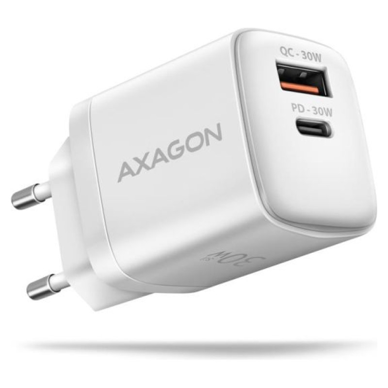 Axagon Sil wallcharger 2x port (USB-A + USB-C), PD3.0/QC4+/PPS/AFC/Apple. 30W total power.