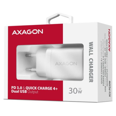 Axagon Sil wallcharger 2x port (USB-A + USB-C), PD3.0/QC4+/PPS/AFC/Apple. 30W total power.
