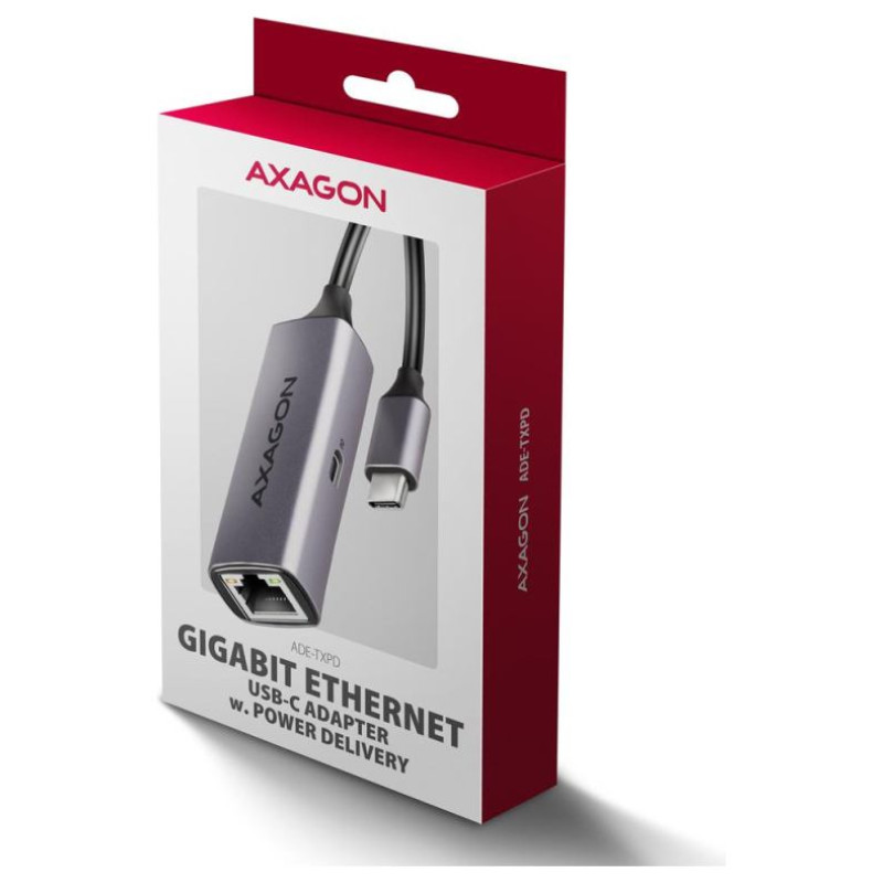 Axagon ADE-TXPD USB-C USB3.2 Gen 1 -  Gigabit Ethernet + PD 100W, Switch comp., metal, grey