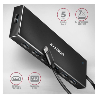 Axagon Seven-port USB 3.2 Gen 1 hub with charging support. Connector for external power supply. USB-C cable 30 cm.