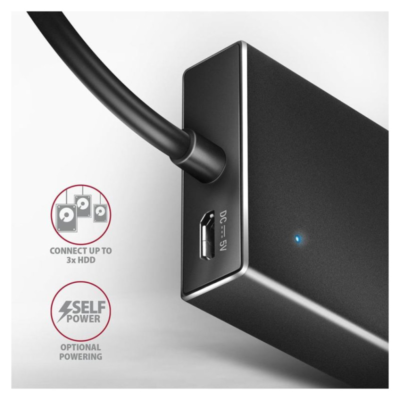 Axagon Seven-port USB 3.2 Gen 1 hub with charging support. Connector for external power supply. USB-C cable 30 cm.