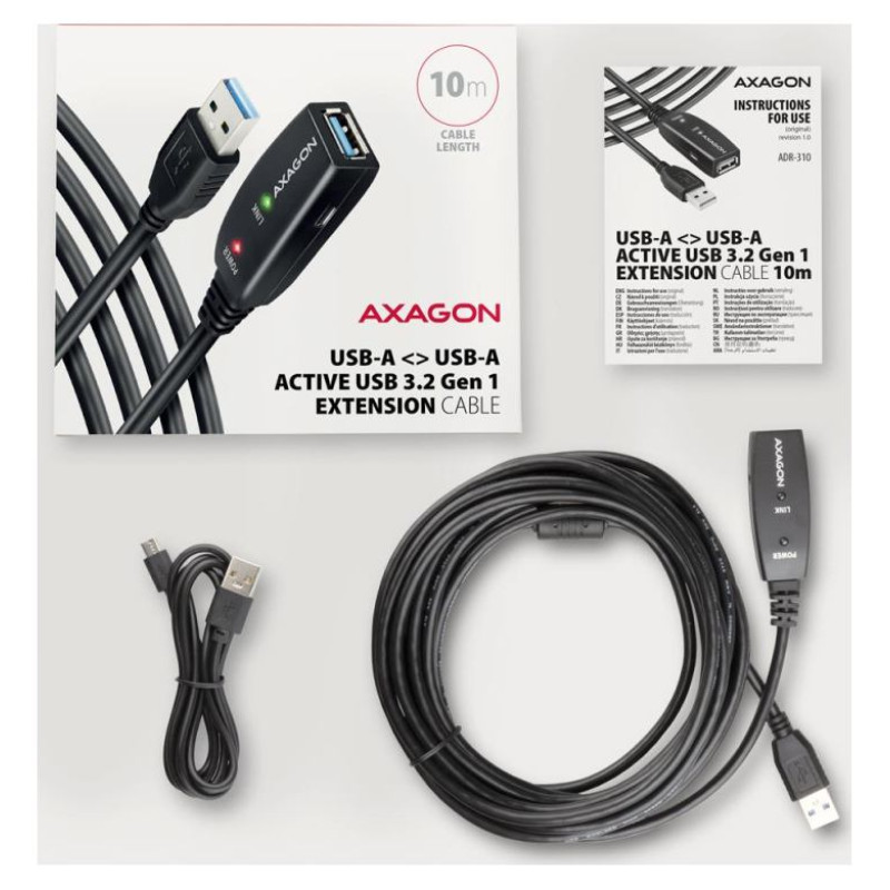 Axagon Active extension USB 3.2 Gen 1 A-M > A-F cable, 10 m long. Power supply option.