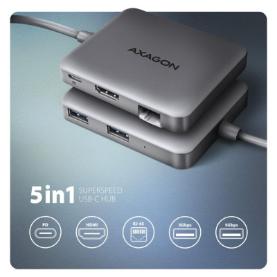 Axagon HMC-5HL USB 5Gbps hub, 2x USB-A, HDMI 4k/60Hz, RJ-45, PD 100W, 20c