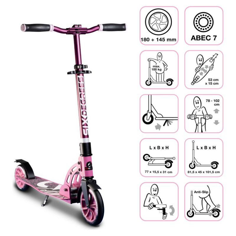 Six Degrees Aluminium Scooter skrejritenis 180/145 mm, rozā - AU 588