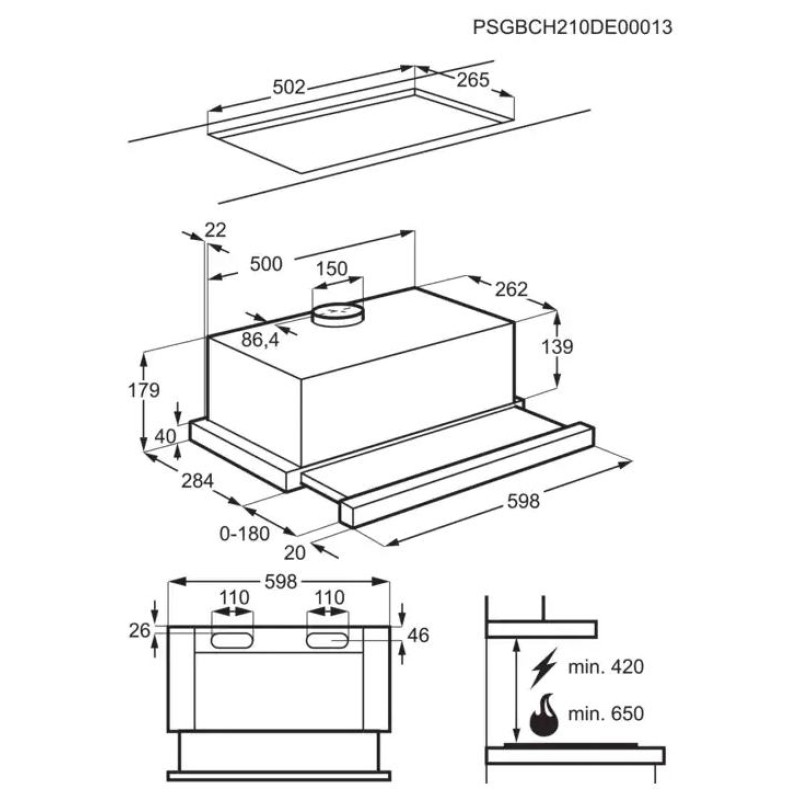 Electrolux izvelkams tvaika nosūcējs, 60 cm, C, melns - LFP326FB