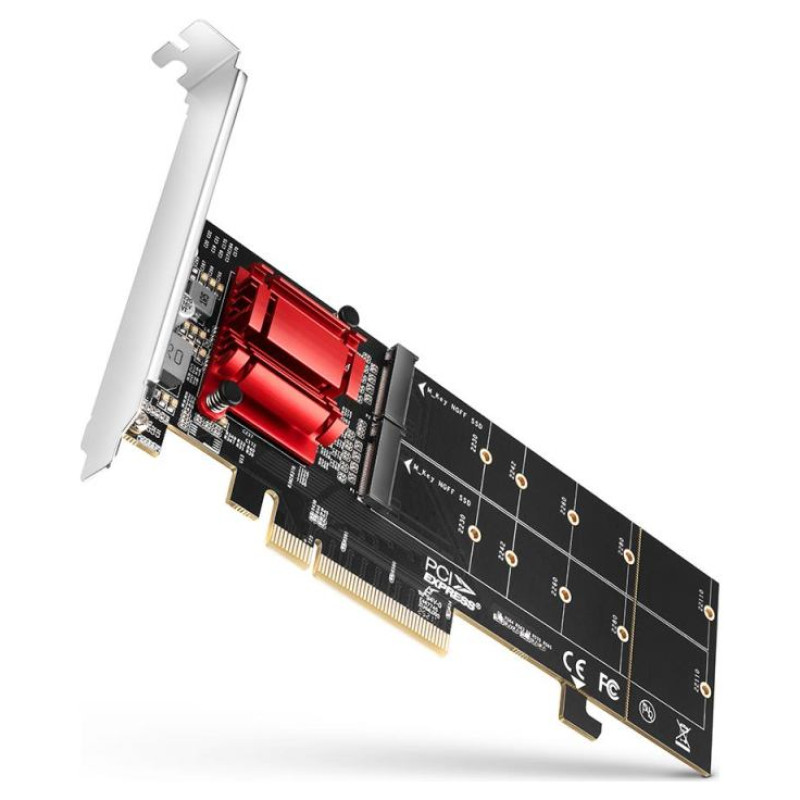 Axagon PCEM2-ND PCIE 2X NVME M.2 CONTROLLERPCI-Express x8 internal controller for connecting two NVMe M.2 SSD disks to a computer. Supports main boards without PCIe Bifurcation.