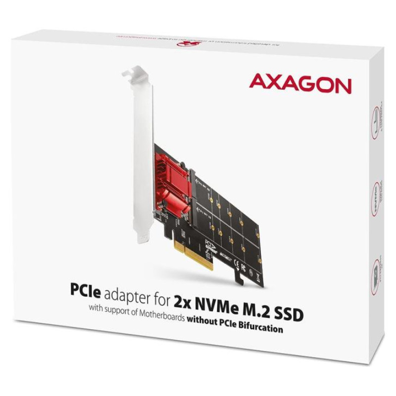 Axagon PCEM2-ND PCIE 2X NVME M.2 CONTROLLERPCI-Express x8 internal controller for connecting two NVMe M.2 SSD disks to a computer. Supports main boards without PCIe Bifurcation.