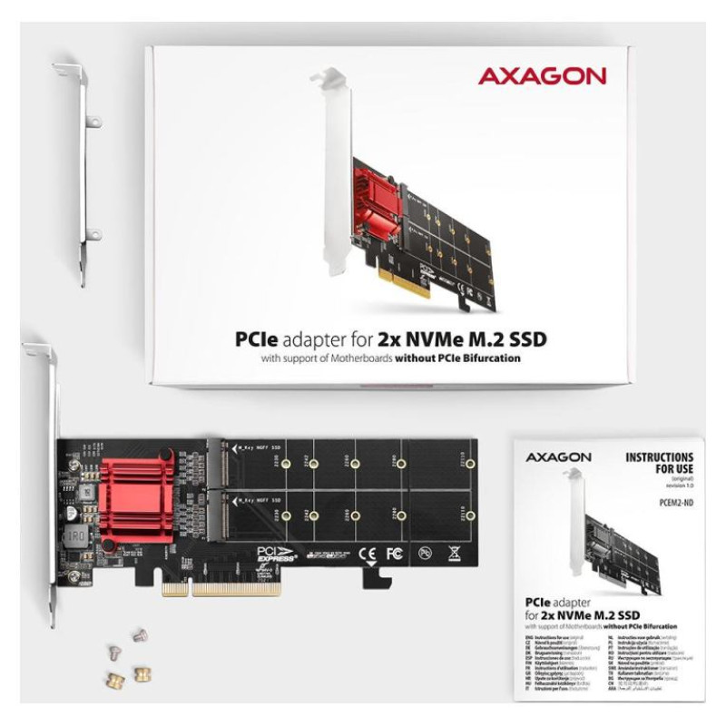 Axagon PCEM2-ND PCIE 2X NVME M.2 CONTROLLERPCI-Express x8 internal controller for connecting two NVMe M.2 SSD disks to a computer. Supports main boards without PCIe Bifurcation.