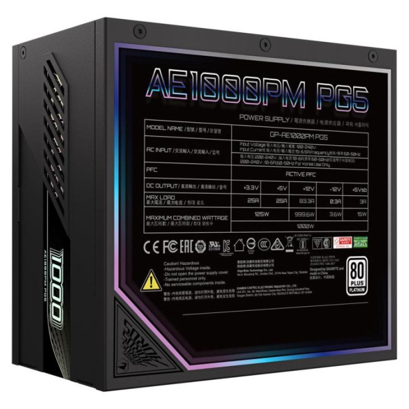 Gigabyte Power Supply|NZXT|GP-AE1000PM PG5|1000 Watts|Efficiency 80 PLUS PLATINIUM|PFC Active|MTBF 100000 hours|GP-AE1000PMPG5