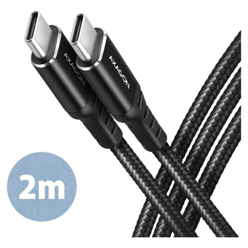 Axagon Data and charging USB 2.0 cable length 2 m. PD 60W, 3A. Black braided.