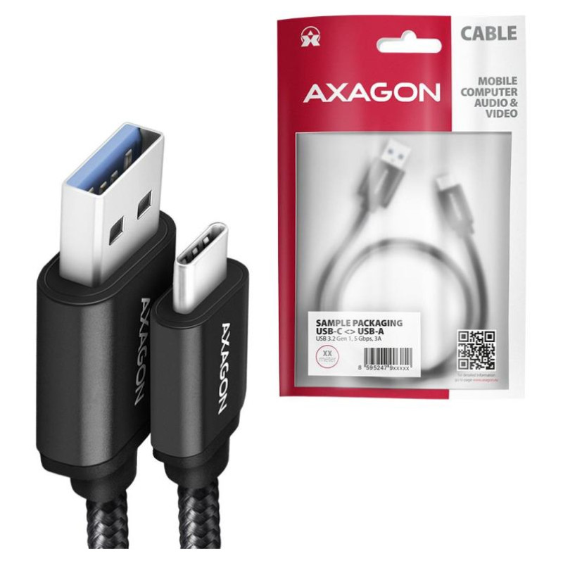 Axagon Data and charging USB 3.2 Gen1 cable lengh 1.5 m. 3A. Black braided.