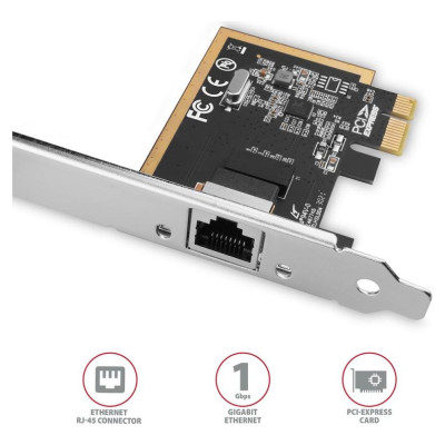 Axagon PCEE-GRF PCI-Express network card adds high speed Gigabit Ethernet connection to your desktop computer. It enables a transmission speed of 10/100/1000 Mbit/s.