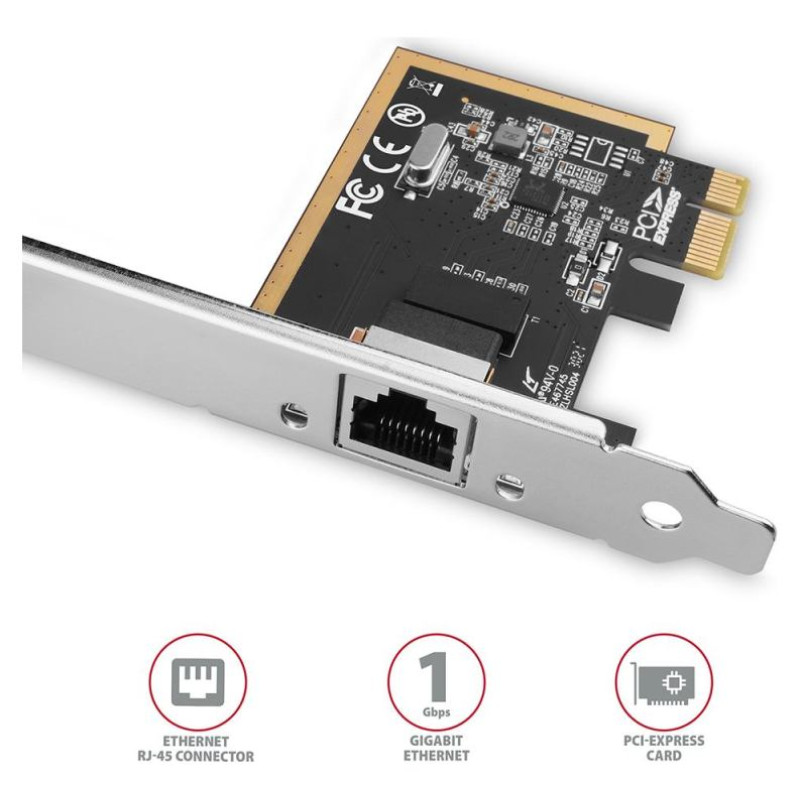 Axagon PCEE-GRF PCI-Express network card adds high speed Gigabit Ethernet connection to your desktop computer. It enables a transmission speed of 10/100/1000 Mbit/s.