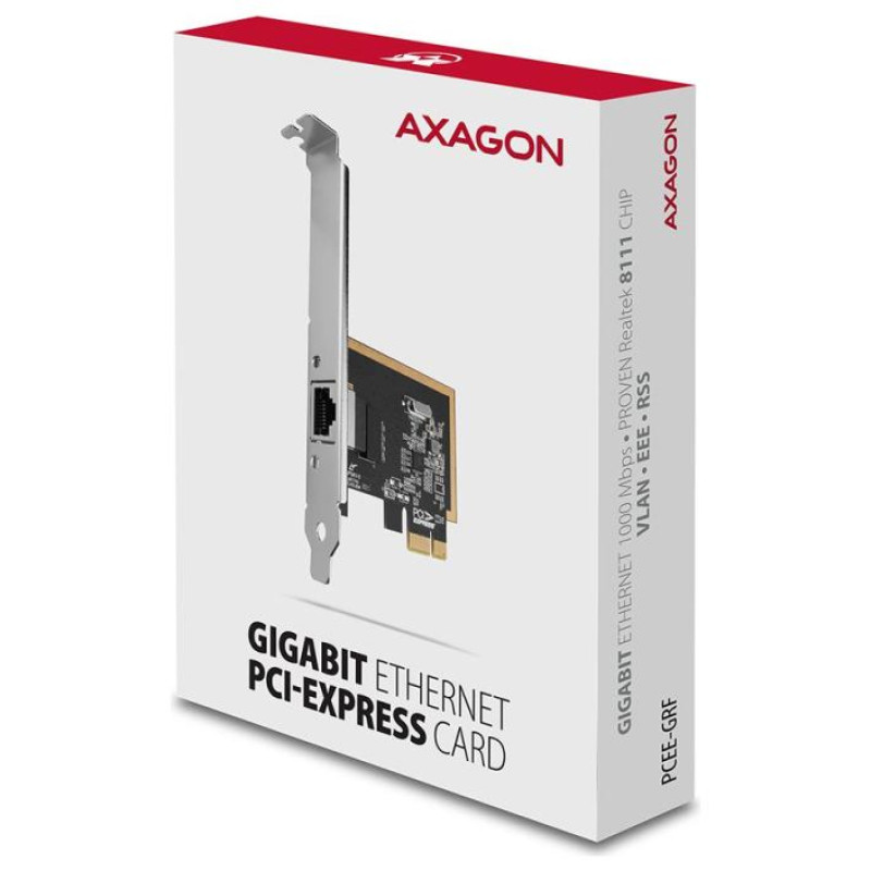 Axagon PCEE-GRF PCI-Express network card adds high speed Gigabit Ethernet connection to your desktop computer. It enables a transmission speed of 10/100/1000 Mbit/s.