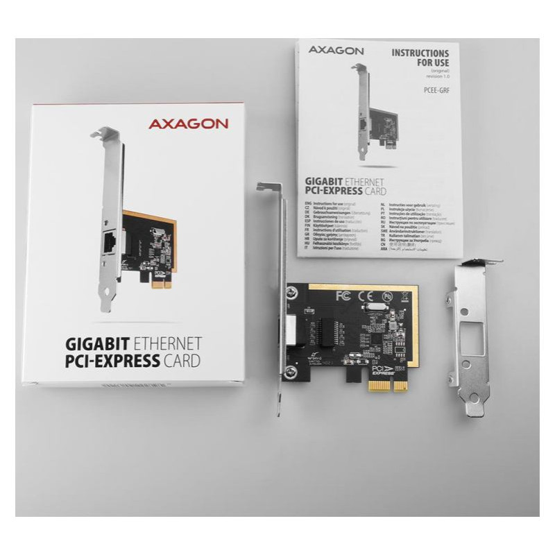 Axagon PCEE-GRF PCI-Express network card adds high speed Gigabit Ethernet connection to your desktop computer. It enables a transmission speed of 10/100/1000 Mbit/s.