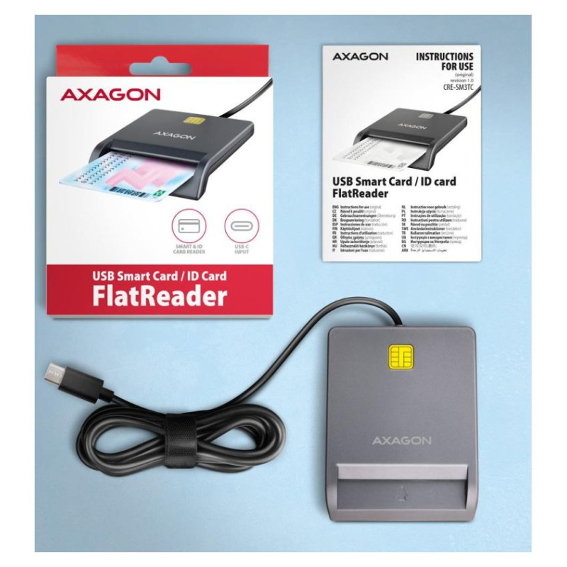 Axagon CRE-SM3TC USB-C Smart card/ID card FlatReader, 1.2m cable