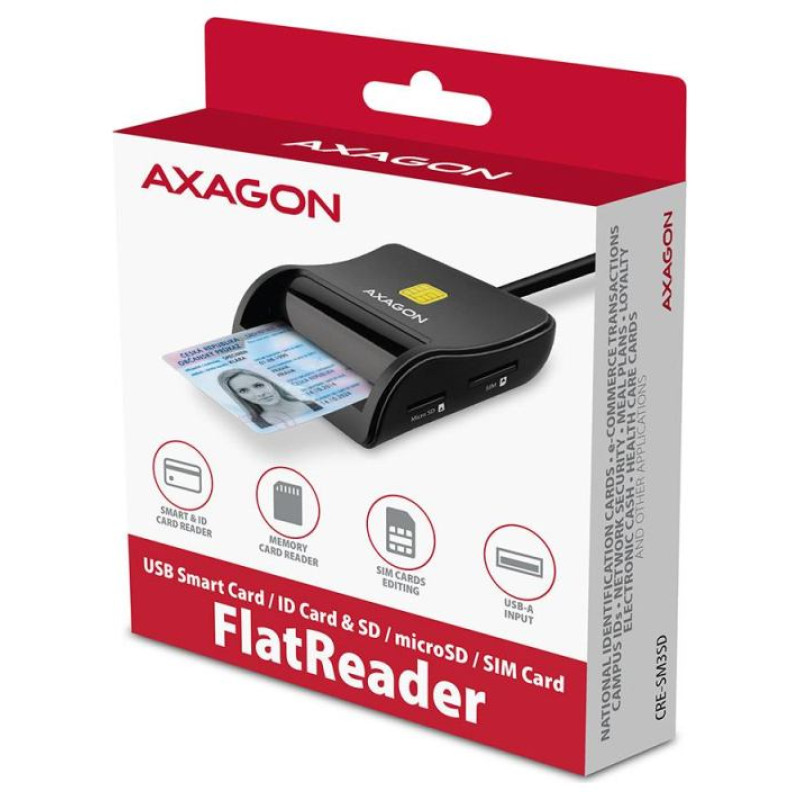 Axagon Compact desktop USB contact Smart/ID & SD/microSD/SIM card reader with long USB-A cable.