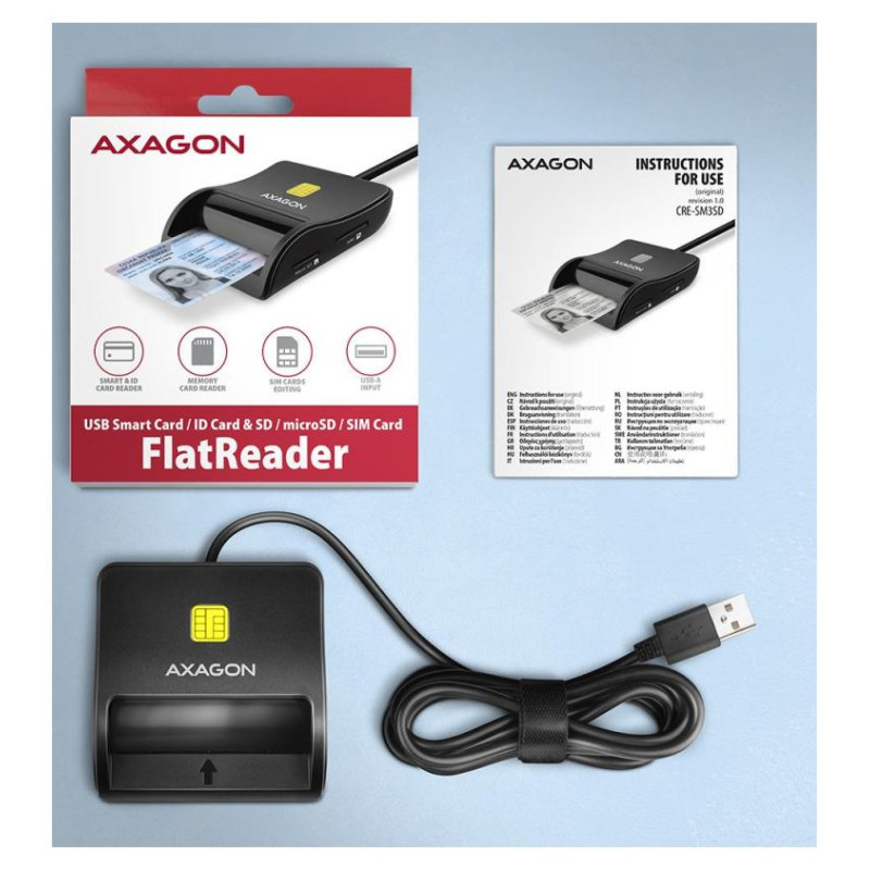 Axagon Compact desktop USB contact Smart/ID & SD/microSD/SIM card reader with long USB-A cable.