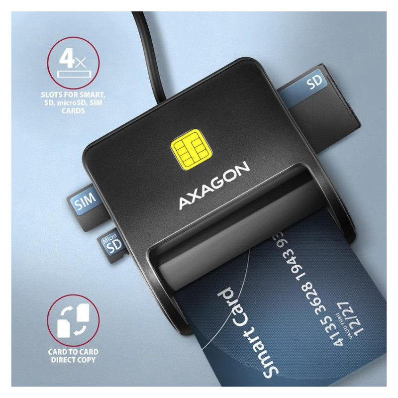 Axagon Compact desktop USB contact Smart/ID & SD/microSD/SIM card reader with long USB-A cable.