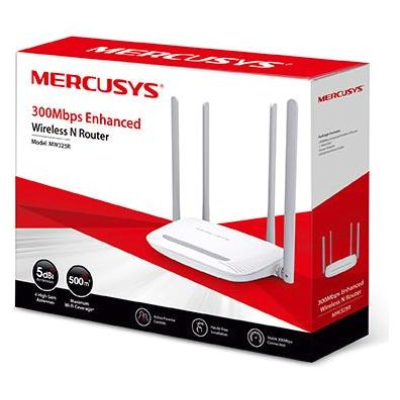 Mercusys Wireless Router|MERCUSYS|Wireless Router|300 Mbps|IEEE 802.11b|IEEE 802.11g|IEEE 802.11n|1 WAN|3x10/100M|LAN \ WAN ports 4|Number of antennas 4|MW325R