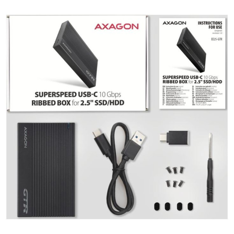 Axagon EE25-GTR USB-C 3.2 Gen 2 - SATA 6G, 2.5" External RIBBED box BLACK