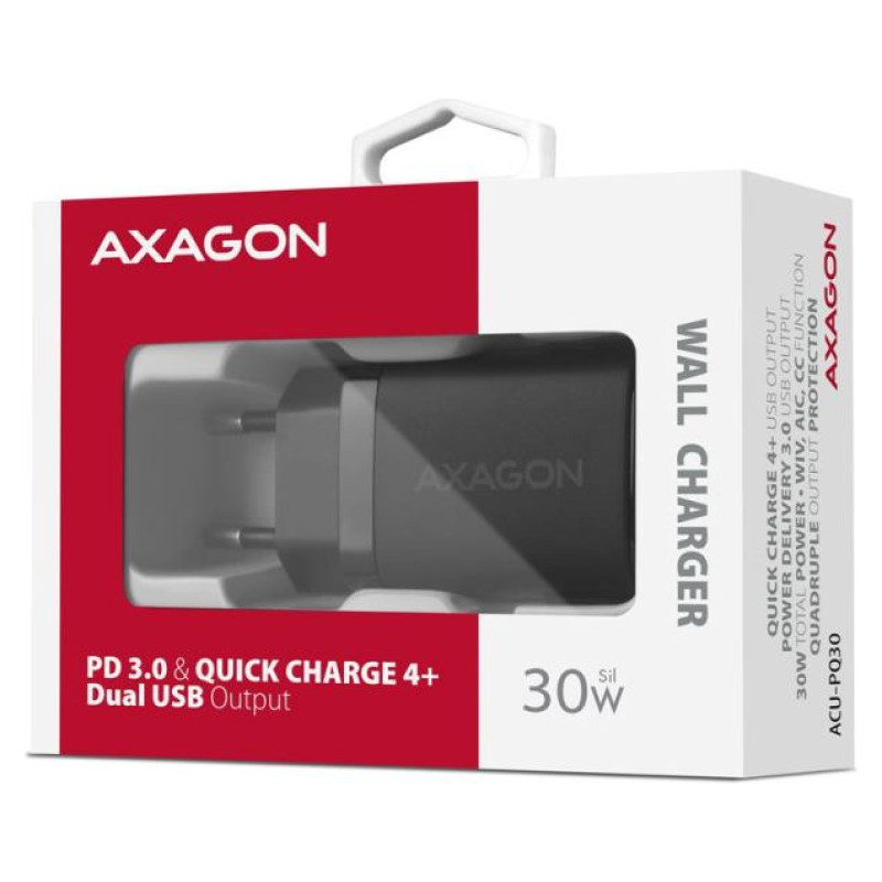 Axagon Sil wallcharger 2x port (USB-A + USB-C), PD3.0/QC4+/PPS/AFC/Apple. 30W total power.