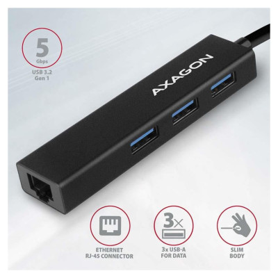 Axagon HMA-GL3A 3x USB-A + GLAN, USB3.2 Gen 1 hub, metal, 20cm USB-A cable