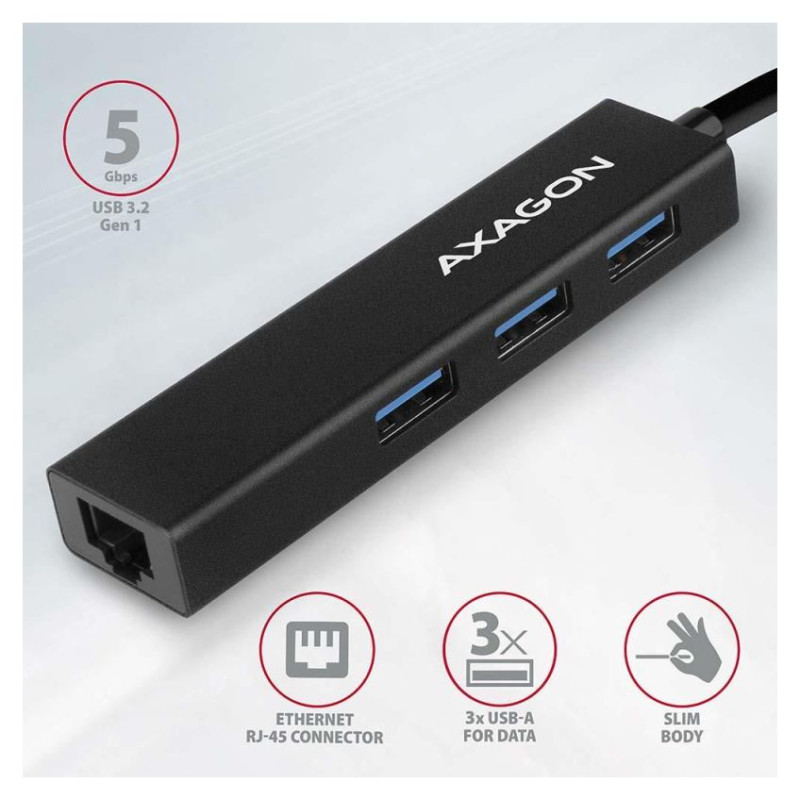 Axagon HMA-GL3A 3x USB-A + GLAN, USB3.2 Gen 1 hub, metal, 20cm USB-A cable