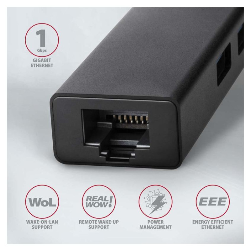 Axagon HMA-GL3A 3x USB-A + GLAN, USB3.2 Gen 1 hub, metal, 20cm USB-A cable