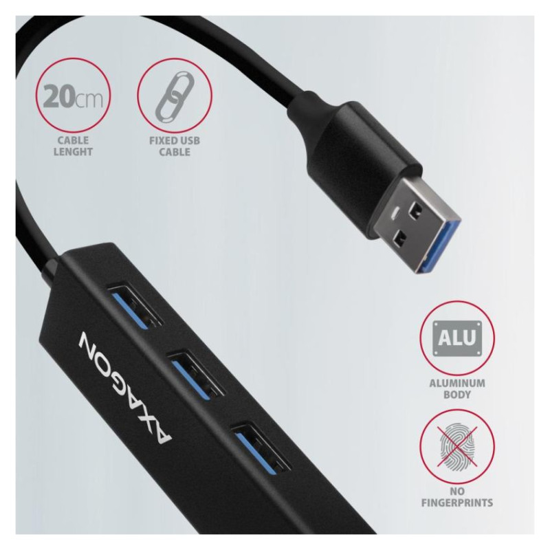 Axagon HMA-GL3A 3x USB-A + GLAN, USB3.2 Gen 1 hub, metal, 20cm USB-A cable