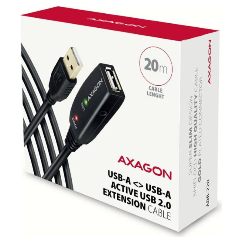 Axagon ADR-220 Active extension USB 2.0 A-M > A-F cable, 20 m long. Power supply option.