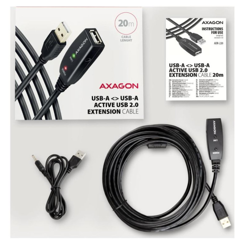 Axagon ADR-220 Active extension USB 2.0 A-M > A-F cable, 20 m long. Power supply option.