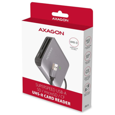 Axagon Aluminum high-speed USB-A 3.2 Gen 1 memory card reader. 3 slots, UHS-II.