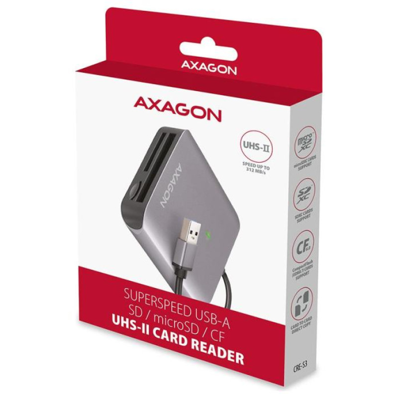Axagon Aluminum high-speed USB-A 3.2 Gen 1 memory card reader. 3 slots, UHS-II.