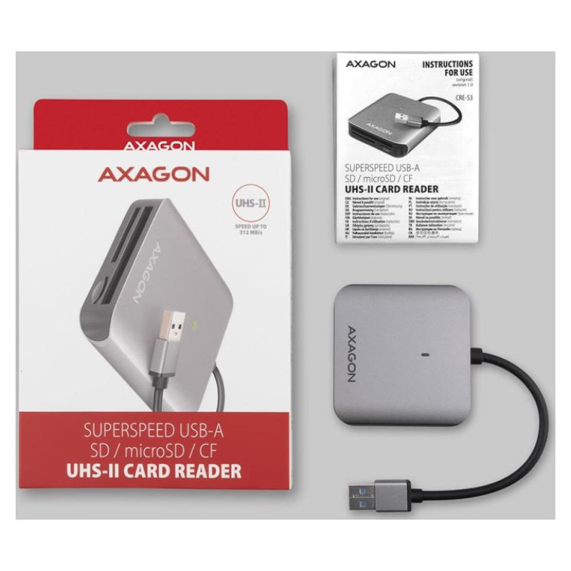 Axagon Aluminum high-speed USB-A 3.2 Gen 1 memory card reader. 3 slots, UHS-II.