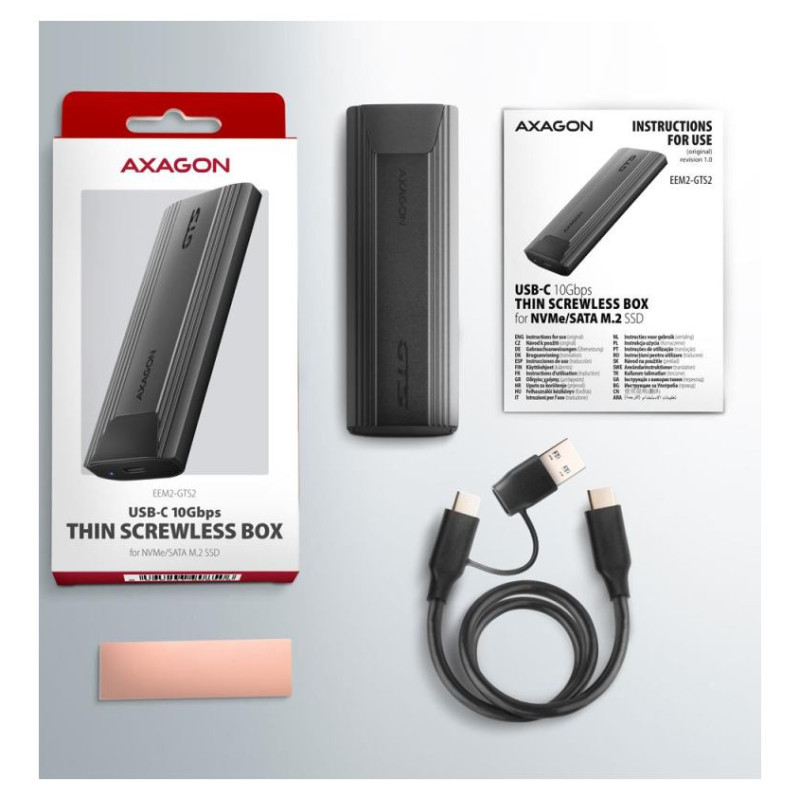 Axagon EEM2-GTS2 USB-C 3.2 Gen 2 - M.2 NVMe / SATA SSD THIN SCREWLESS 30-80mm ALU box